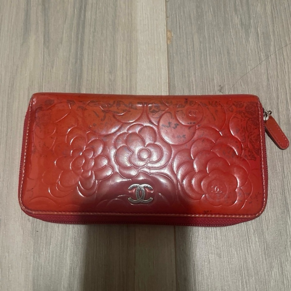 NOT FOR SALE Chanel Red Leather Wallet with Floral Embossing